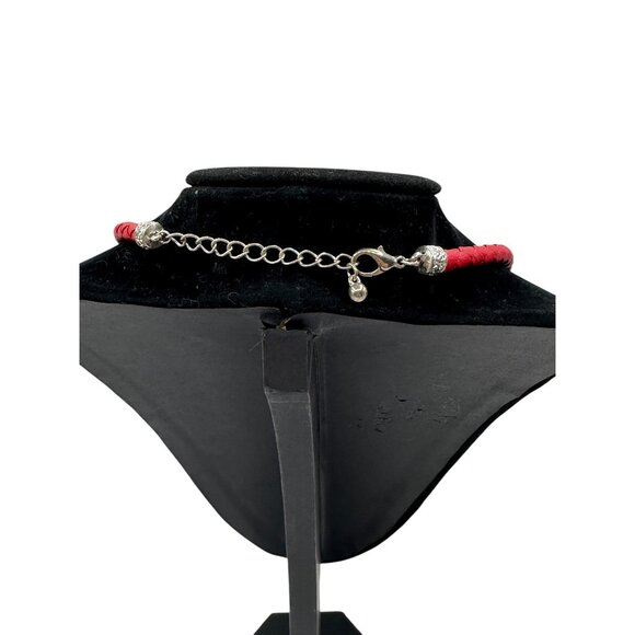 Red Braided Cord Necklace Silver Tone Heart Pendant Red Center Stone Womens - Picture 5 of 8